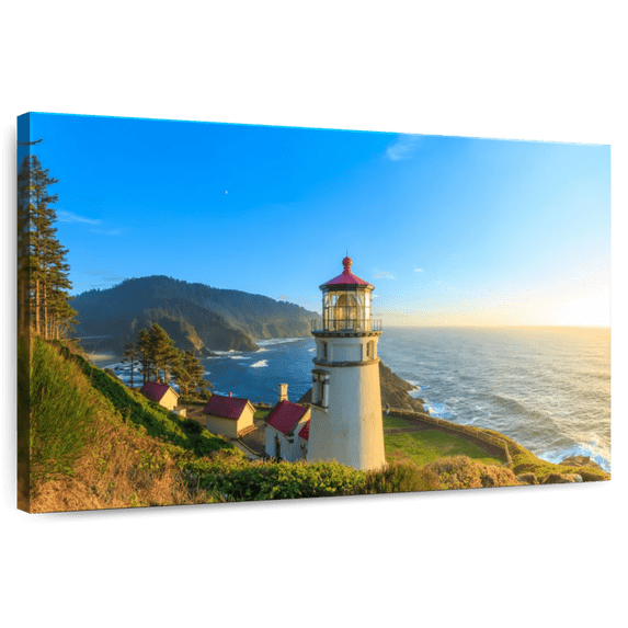 Elephant Stock Heceta Head Lighthouse Wall Art - Horizontal Canvas Wall Art - Living Room Wall Decor - Photography Nautical Canvas - Blue And Yellow Decor - 45" x 30"