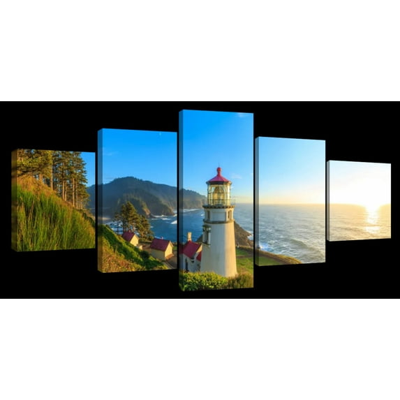 Elephant Stock Heceta Head Lighthouse Wall Art - Horizontal Multi Panel Canvas - 5 Pieceliving Room Wall Decor - Photography Nautical Multi Panel - Blue And Yellow Decor - 29" x 12"