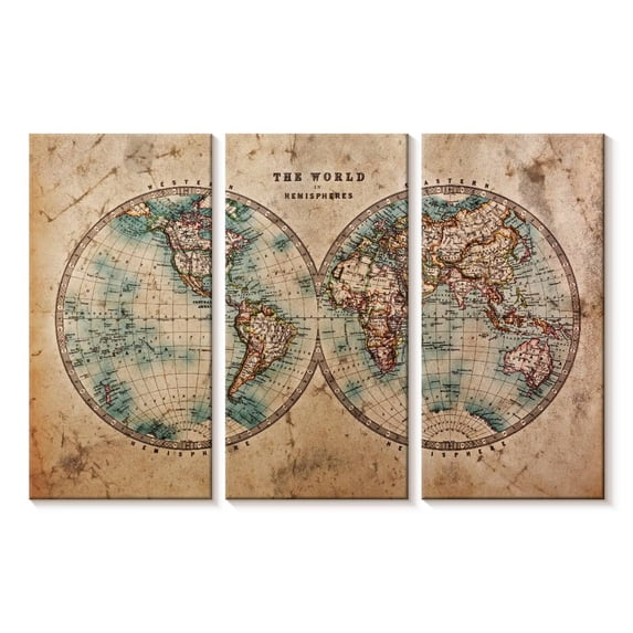 Elephant Stock Hemisphere Map Wall Art - Horizontal Multi Panel Canvas - Living Room Wall Decor - Map Multi Panel - Beige And Blue Decor - 23" x 14"