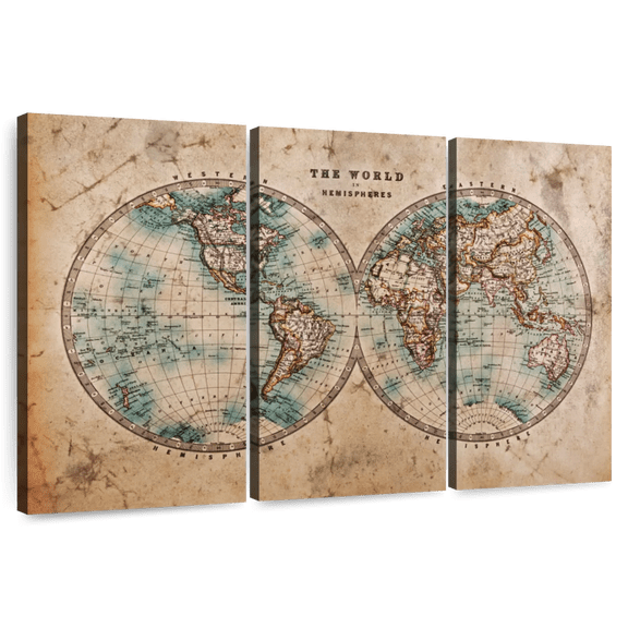 Elephant Stock Hemisphere Map Wall Art - Horizontal Multi Panel Canvas - Living Room Wall Decor - Map Multi Panel - Beige And Blue Decor - 33" x 20"