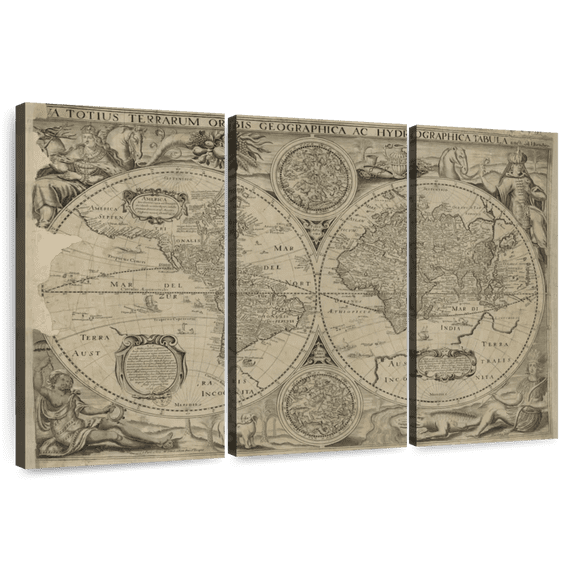 Elephant Stock Hemisphere Vintage Map Wall Art - Horizontal Multi Panel Canvas - Living Room Wall Decor - Map Multi Panel - Beige And Black Decor - 74" x 48"