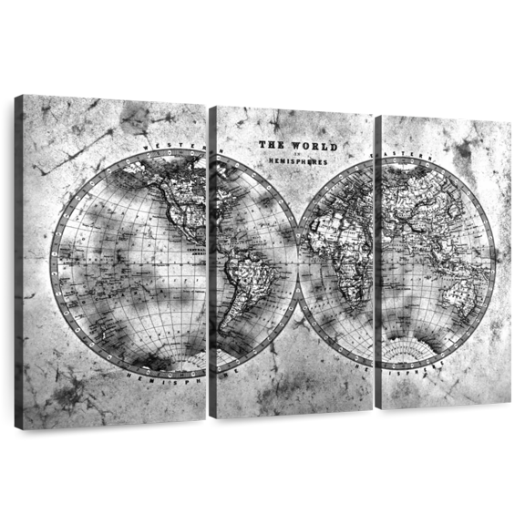 Elephant Stock Hemispheres Contrast World Map Wall Art - Horizontal Multi Panel Canvas - Living Room Wall Decor - Map Multi Panel - Gray And White Decor - 33" x 20"