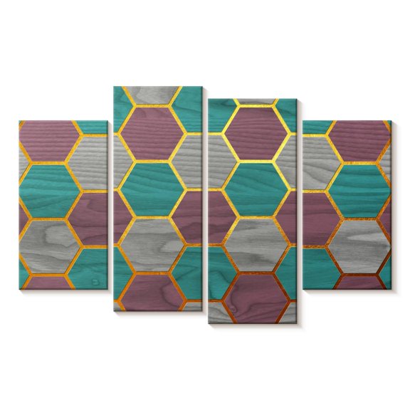 Elephant Stock Hexagon Geometric Pattern Wall Art - Horizontal Multi Panel Canvas - Living Room Wall Decor - Abstract Multi Panel - Gray And Purple Decor - 36" x 22"