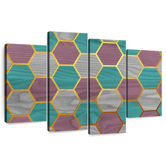 Elephant Stock Hexagon Geometric Pattern Wall Art - Horizontal Multi Panel Canvas - Living Room Wall Decor - Abstract Multi Panel - Gray And Purple Decor - 52" x 32"