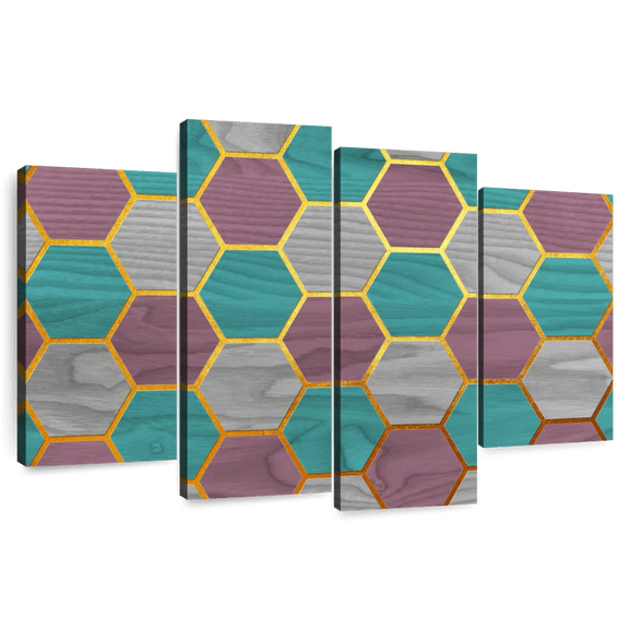 Elephant Stock Hexagon Geometric Pattern Wall Art - Horizontal Multi Panel Canvas - Living Room Wall Decor - Abstract Multi Panel - Gray And Purple Decor - 75" x 48"