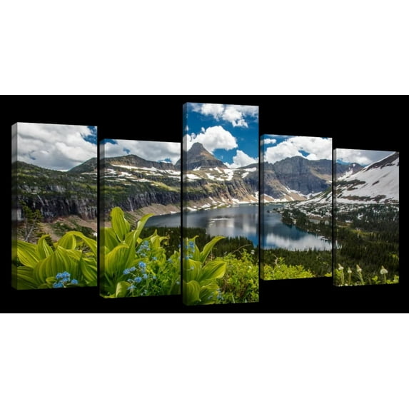 Elephant Stock Hidden Lake Nature Scenery Wall Art - Horizontal Multi Panel Canvas - Living Room Wall Decor - Nature Multi Panel - Teal And White Decor - 25" x 12"