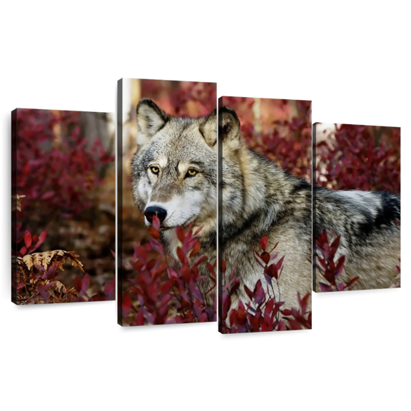 Elephant Stock Hiding Timber Wolf Wall Art - Horizontal Multi Panel Canvas - Living Room Wall Decor - Animal Multi Panel - Brown And Gray Decor - 68" x 42"