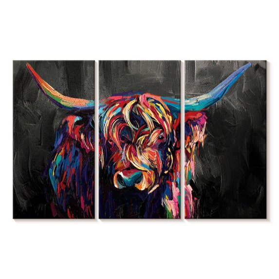 Elephant Stock Highland Cow Acrylic Wall Art - Horizontal Multi Panel Canvas - Living Room Wall Decor - Animal Multi Panel - Black And Gray Decor - 33" x 20"