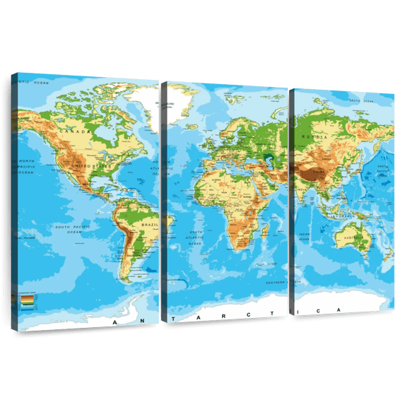 Elephant Stock Highly Detailed World Map Wall Art - Horizontal Multi Panel Canvas - Living Room Wall Decor - Map Multi Panel - Blue And White Decor - 33" x 20"