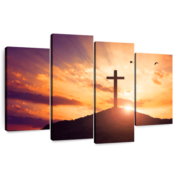 Elephant Stock Hilltop Cross Sunset Wall Art - Horizontal Multi Panel Canvas - Living Room Wall Decor - Religion And Spirituality Multi Panel - Brown And Orange Decor - 36" x 22"