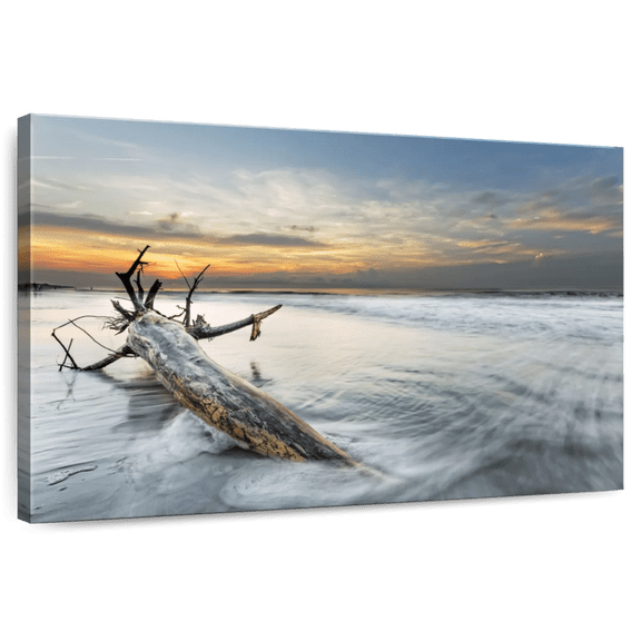 Elephant Stock Hilton Beach Driftwood Wall Art - Horizontal Canvas Wall Art - Living Room Wall Decor - Beach Canvas - Blue And Orange Decor - 51" x 34"