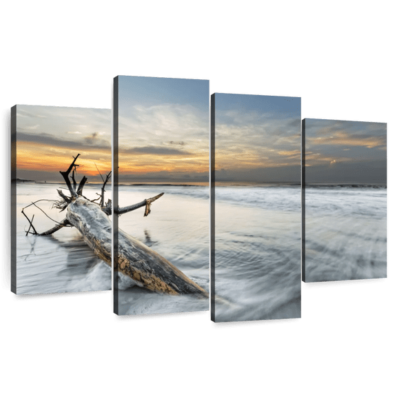 Elephant Stock Hilton Beach Driftwood Wall Art - Horizontal Multi Panel Canvas - Living Room Wall Decor - Beach Multi Panel - Blue And Orange Decor - 52" x 32"