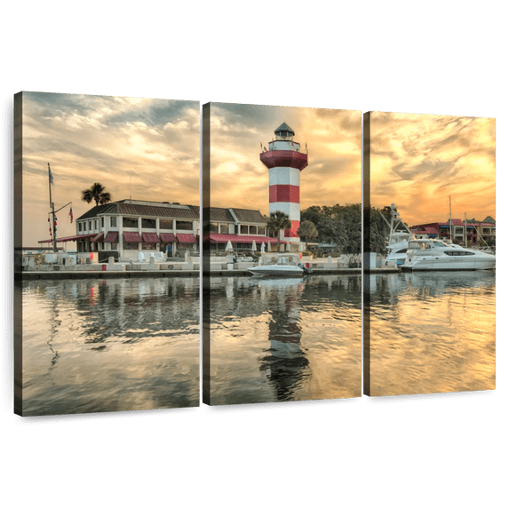 Elephant Stock Hilton Head Lighthouse Wall Art - Horizontal Multi Panel Canvas - Living Room Wall Decor - Nautical Multi Panel - Yellow And Red Decor - 45" x 28"
