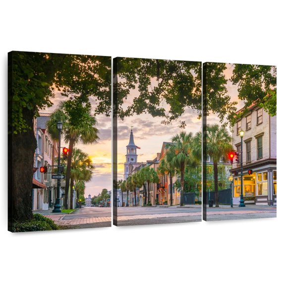Elephant Stock Historical Charleston Streets Wall Art - Horizontal Multi Panel Canvas - Living Room Wall Decor - Places Multi Panel - Gray And Green Decor - 57" x 36"