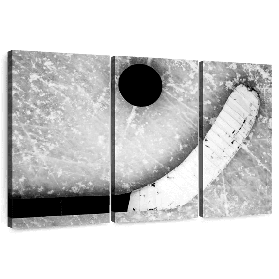 Elephant Stock Hockey Puck And Stick Wall Art - Horizontal Multi Panel Canvas - Hallway Wall Decor - Sports Multi Panel - Silver And Black Decor - 50" x 32"