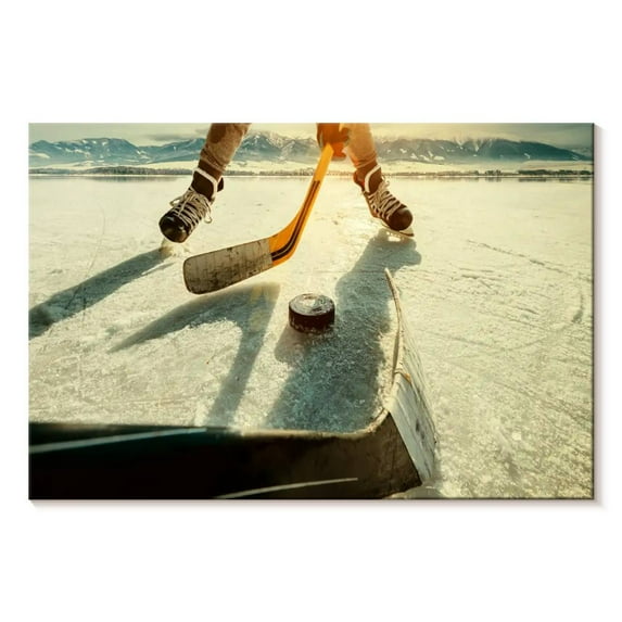 Elephant Stock Hockey Sunset Play Wall Art - Horizontal Canvas Wall Art - Living Room Wall Decor - Sports Canvas - Gray And Orange Decor - 12" x 8"