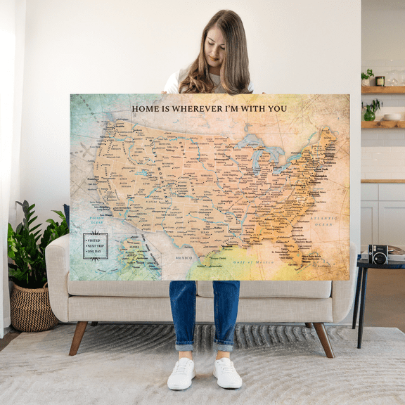 Elephant Stock Home With You Push Pin Usa Map Wall Art - Map Canvas Art - 12" x 8"