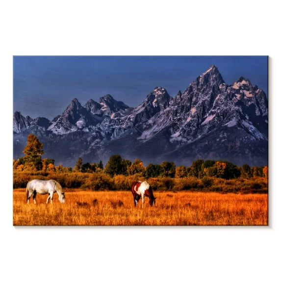 Elephant Stock Horses Grazing At Grand Teton Wall Art - Horizontal Canvas Wall Art - Living Room Wall Decor - Nature Canvas - Blue And Orange Decor - 36" x 24"