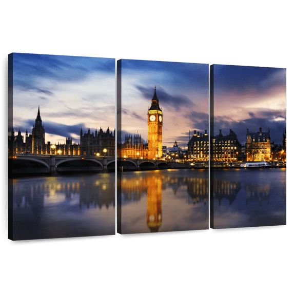 Elephant Stock Houses Of Parliament And Big Ben Wall Art - Horizontal Multi Panel Canvas - Living Room Wall Decor - City Multi Panel - Blue And Orange Decor - 57" x 36"