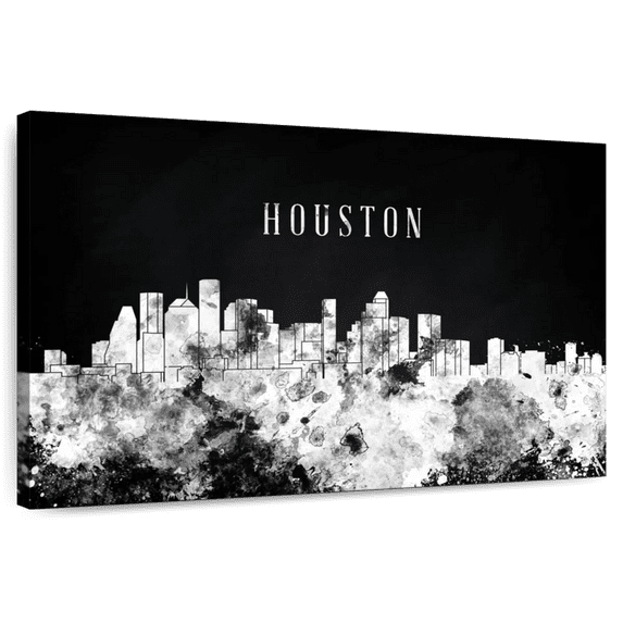 Elephant Stock Houston Skyline Bw Wall Art - Horizontal Canvas Wall Art - Living Room Wall Decor - City Canvas - Black And White Decor - 36" x 24"