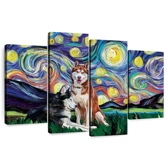 Elephant Stock Huskies Starry Night Wall Art - Horizontal Multi Panel Canvas - Living Room Wall Decor - Animal Multi Panel - Black And Blue Decor - 36" x 22"