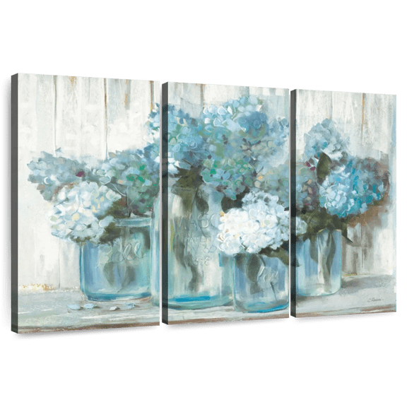 Elephant Stock Hydrangeas In Glass Jars Blue Wall Art - Horizontal Multi Panel Canvas - Living Room Wall Decor - Floral And Botanical Multi Panel - Beige And Gray Decor By Carol Rowan - 45" x 28"