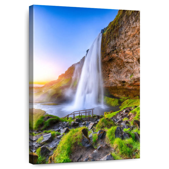 Elephant Stock Icelandic Seljalandsfoss Falls Wall Art - Vertical Canvas Wall Art - Living Room Wall Decor - Wellness Canvas - Gray And Beige Decor - 16" x 24"