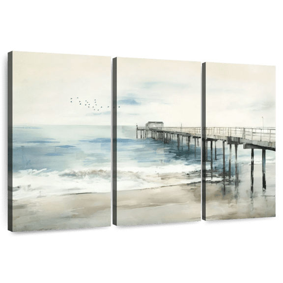 Elephant Stock Idyllic Coastal Jetty Wall Art - Horizontal Multi Panel Canvas - Living Room Wall Decor - Nautical Multi Panel - Gray And Brown Decor - 74" x 48"