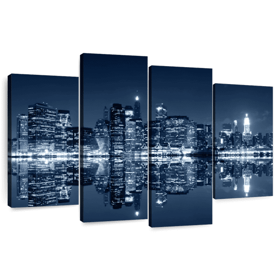 Elephant Stock Illuminated Nyc Skyline Wall Art - Horizontal Multi Panel Canvas - Living Room Wall Decor - City Multi Panel - Blue And Black Decor - 84" x 54"