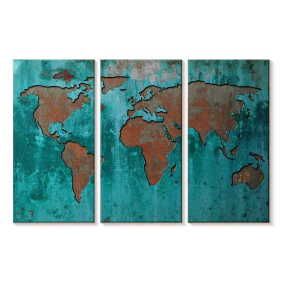 Elephant Stock Impression World Map Wall Art - Horizontal Multi Panel Canvas - Living Room Wall Decor - Map Multi Panel - Teal And Brown Decor - 23" x 14"