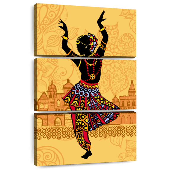 Elephant Stock Indian Classical Dance Wall Art - Vertical Multi Panel Canvas - Living Room Wall Decor - Dance Multi Panel - Black And Orange Decor - 24" x 38"