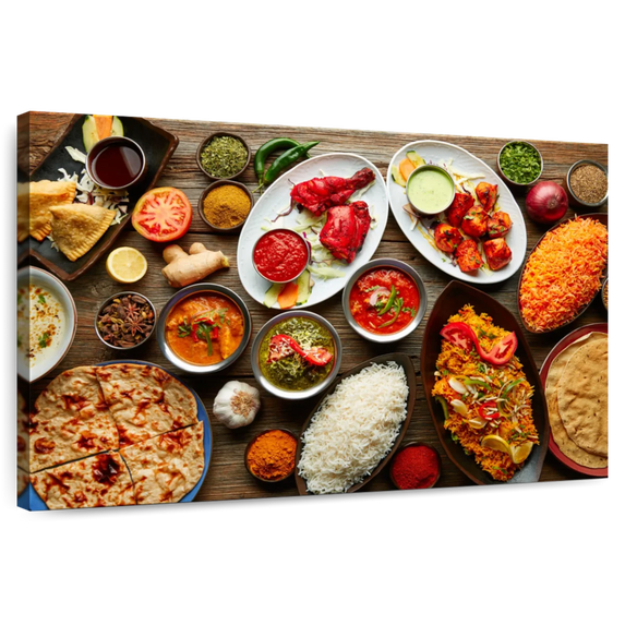 Elephant Stock Indian Cuisine Specialties Wall Art - Horizontal Canvas Wall Art - Dining Room Wall Decor - Food And Drink Canvas - Brown And White Decor - 12" x 8"