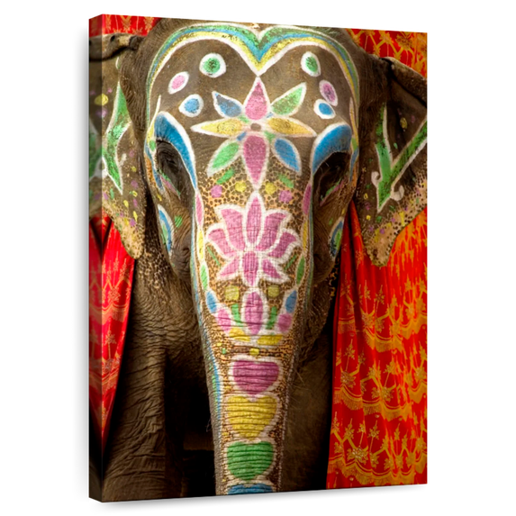 Elephant Stock Indian Festival Elephant Wall Art - Vertical Canvas Wall Art - Living Room Wall Decor - Animal Canvas - Brown And Red Decor - 32" x 48"