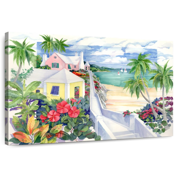 Elephant Stock Island Cliffs Wall Art - Horizontal Canvas Wall Art - Living Room Wall Decor - Beach Canvas - Yellow And Blue Decor By Paul Brent - 48" x 32"