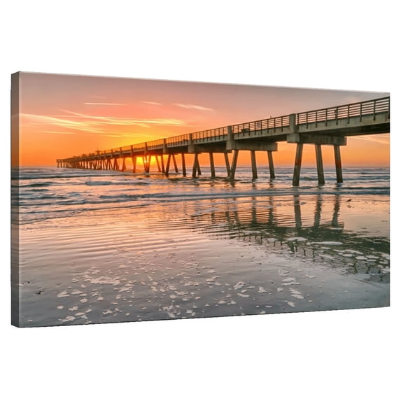 Elephant Stock Jacksonville Beach Pier Wall Art - Horizontal Canvas Wall Art - Living Room Wall Decor - Nautical Canvas - Beige And Orange Decor - 30" x 20"