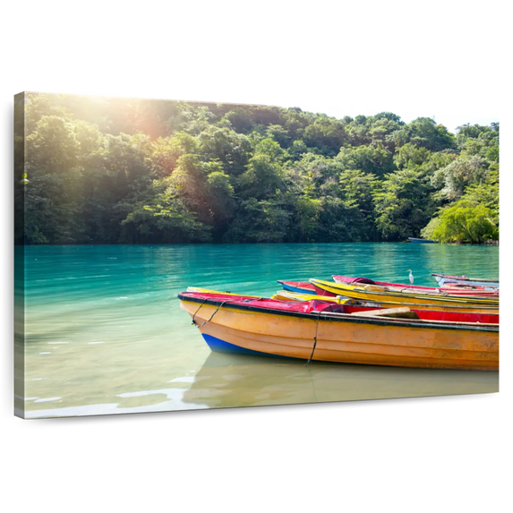 Elephant Stock Jamaica Blue Lagoon Boats Wall Art - Horizontal Canvas Wall Art - Dining Room Wall Decor - Transportation Canvas - Yellow And Orange Decor - 12" x 8"