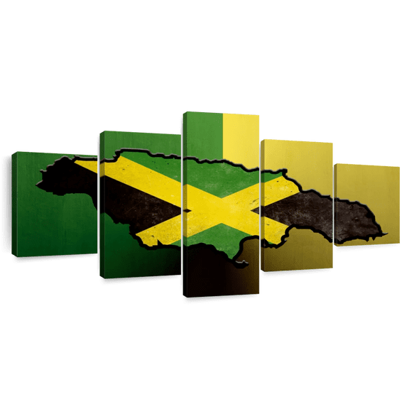 Elephant Stock Jamaican Island Flag Wall Art - Horizontal Multi Panel Canvas - Living Room Wall Decor - Flags Multi Panel - Black And Green Decor - 68" x 30"