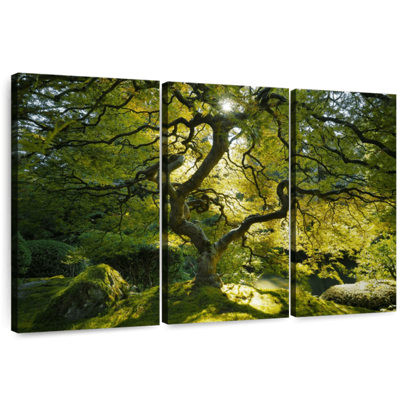 Elephant Stock Japanese Maple Garden Wall Art - Horizontal Multi Panel Canvas - Lobby Wall Decor - Floral And Botanical Multi Panel - Green And Brown Decor - 38" x 24"