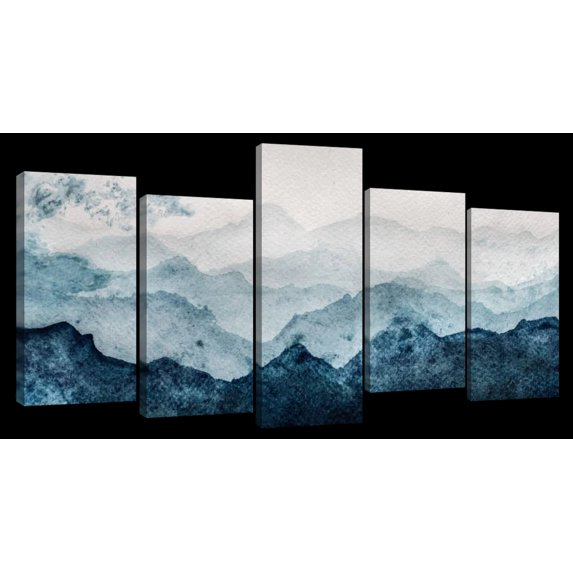 Elephant Stock Japanese Mountain Landscape Abstract Wall Art - Horizontal Multi Panel Canvas - Living Room Wall Decor - Abstract Multi Panel - Blue And White Decor - 25" x 12"