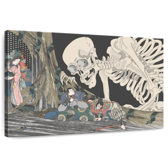 Elephant Stock Japanese Skeleton Wall Art - Horizontal Canvas Wall Art - Living Room Wall Decor - Fantasy And Sci-fi Canvas - Gray And Black Decor By Utagawa Kuniyoshi - 51" x 34"