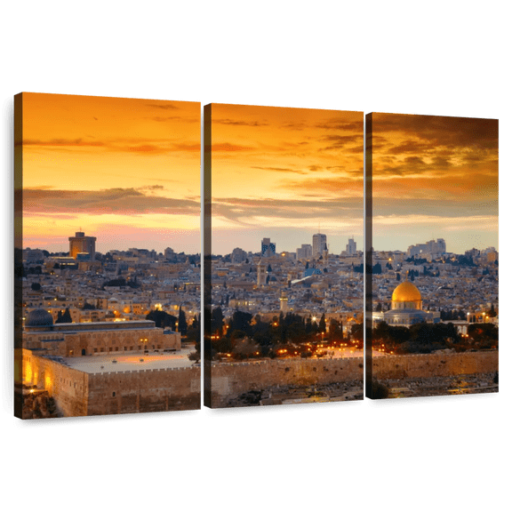 Elephant Stock Jerusalem Sunset Cityscape Wall Art - Horizontal Multi Panel Canvas - Living Room Wall Decor - Places Multi Panel - Orange And Brown Decor - 33" x 20"