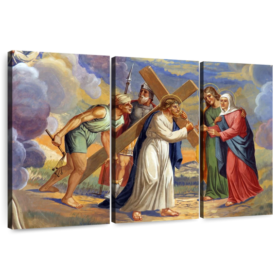 Elephant Stock Jesus Carrying Cross Fresco Wall Art - Horizontal Multi Panel Canvas - Living Room Wall Decor - People Multi Panel - Blue And Red Decor - 50" x 32"