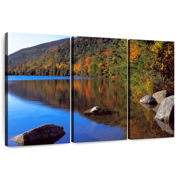 Elephant Stock Jordan Pond In Autumn Wall Art - Horizontal Multi Panel Canvas - Dining Room Wall Decor - Nature Multi Panel - Blue And Green Decor - 33" x 20"