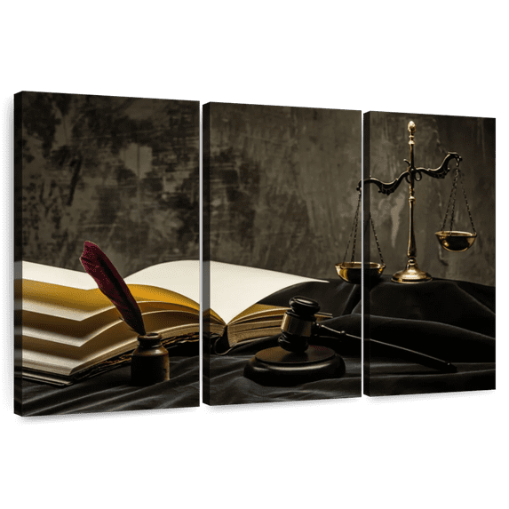 Elephant Stock Judge Mallet And Books Wall Art - Horizontal Multi Panel Canvas - Living Room Wall Decor - Profession Multi Panel - Black And Gray Decor - 45" x 28"