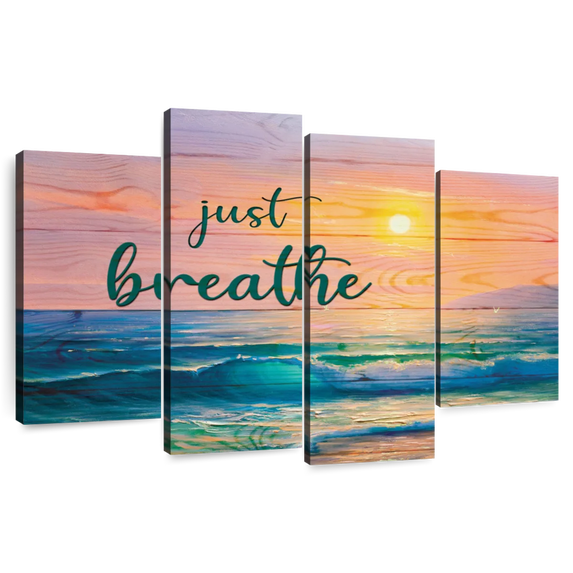 Elephant Stock Just Breathe Sunset Wall Art - Horizontal Multi Panel Canvas - Living Room Wall Decor - Inspirational And Typography Multi Panel - Orange And Purple Decor - 84" x 54"