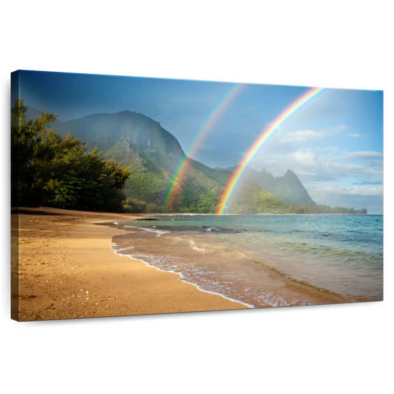 Elephant Stock Kauai Double Rainbow Wall Art - Horizontal Canvas Wall Art - Living Room Wall Decor - Beach Canvas - Gray And Black Decor - 12" x 8"
