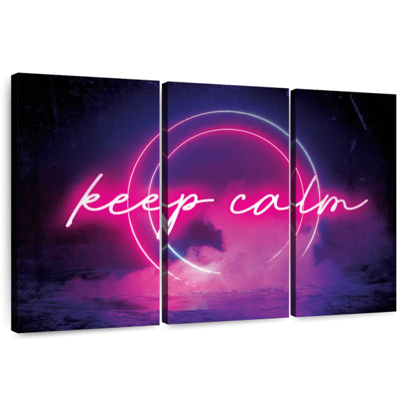 Elephant Stock Keep Calm Neon Wall Art - Horizontal Multi Panel Canvas - Living Room Wall Decor - Inspirational And Typography Multi Panel - Pink And Blue Decor - 57" x 36"