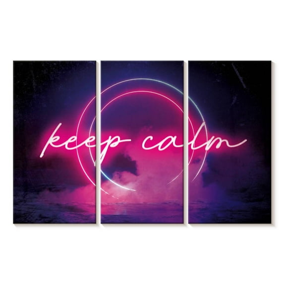 Elephant Stock Keep Calm Neon Wall Art - Horizontal Multi Panel Canvas - Living Room Wall Decor - Inspirational And Typography Multi Panel - Pink And Blue Decor - 57" x 36"