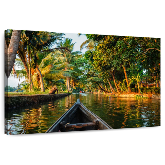 Elephant Stock Kerala Backwater Tour Wall Art - Horizontal Canvas Wall Art - Living Room Wall Decor - Transportation Canvas - Green And Orange Decor - 24" x 16"
