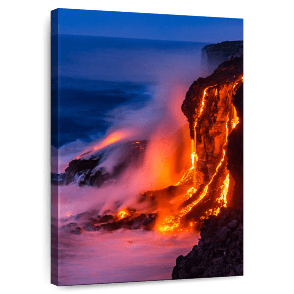 Elephant Stock Kilauea Lava Falls Wall Art - Vertical Canvas Wall Art - Living Room Wall Decor - Nature Canvas - Blue And Orange Decor - 32" x 48"